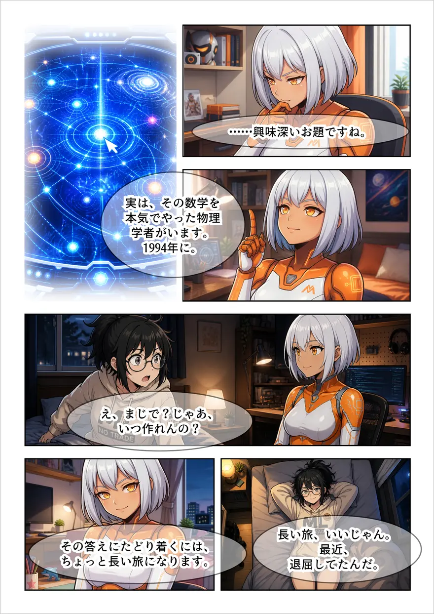 本編の一場面。のり子が「え、まじで?じゃあ、いつ作れんの?」と尋ね、クロコが「その答えにたどり着くには、ちょっと長い旅になります」と返すページ