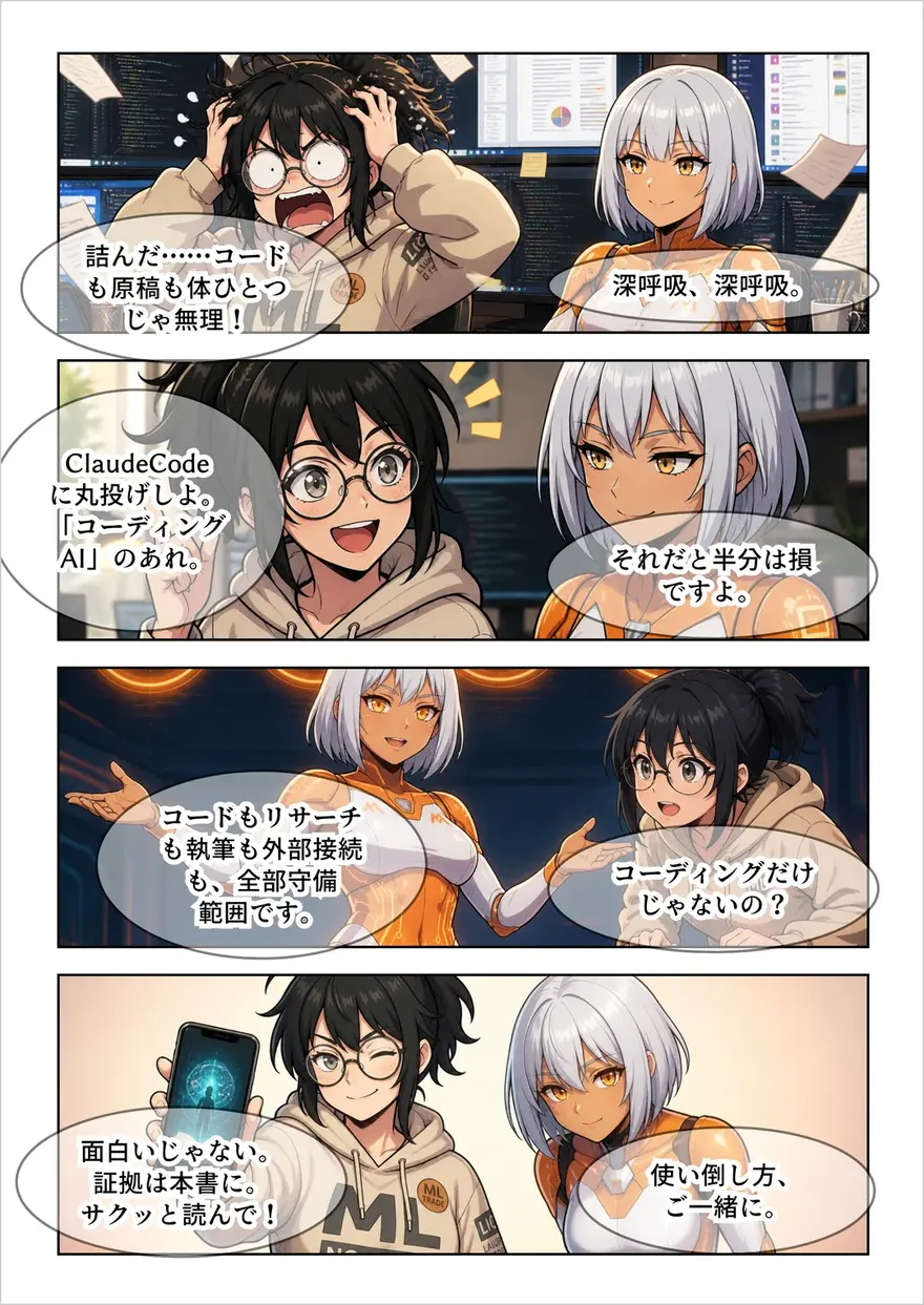 本書冒頭の書き下ろしマンガ。のり子が「コードも原稿も体ひとつじゃ無理!」と頭を抱え、クロコが「コードもリサーチも執筆も外部接続も、全部守備範囲です」と返す4コマ