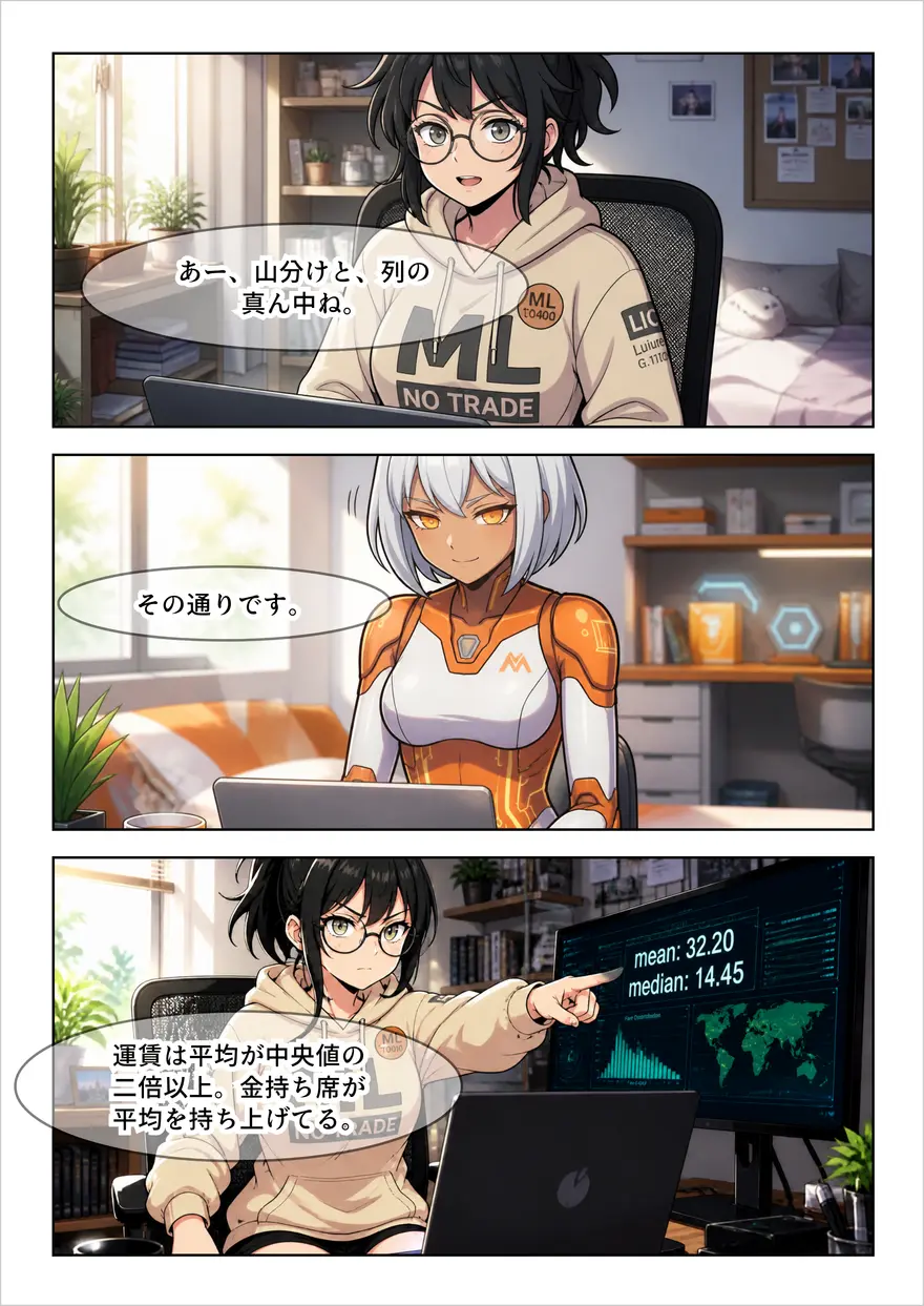 本編の一場面。のり子とクロコが、運賃の平均32.20と中央値14.45のズレを画面のグラフを見ながら話すページ