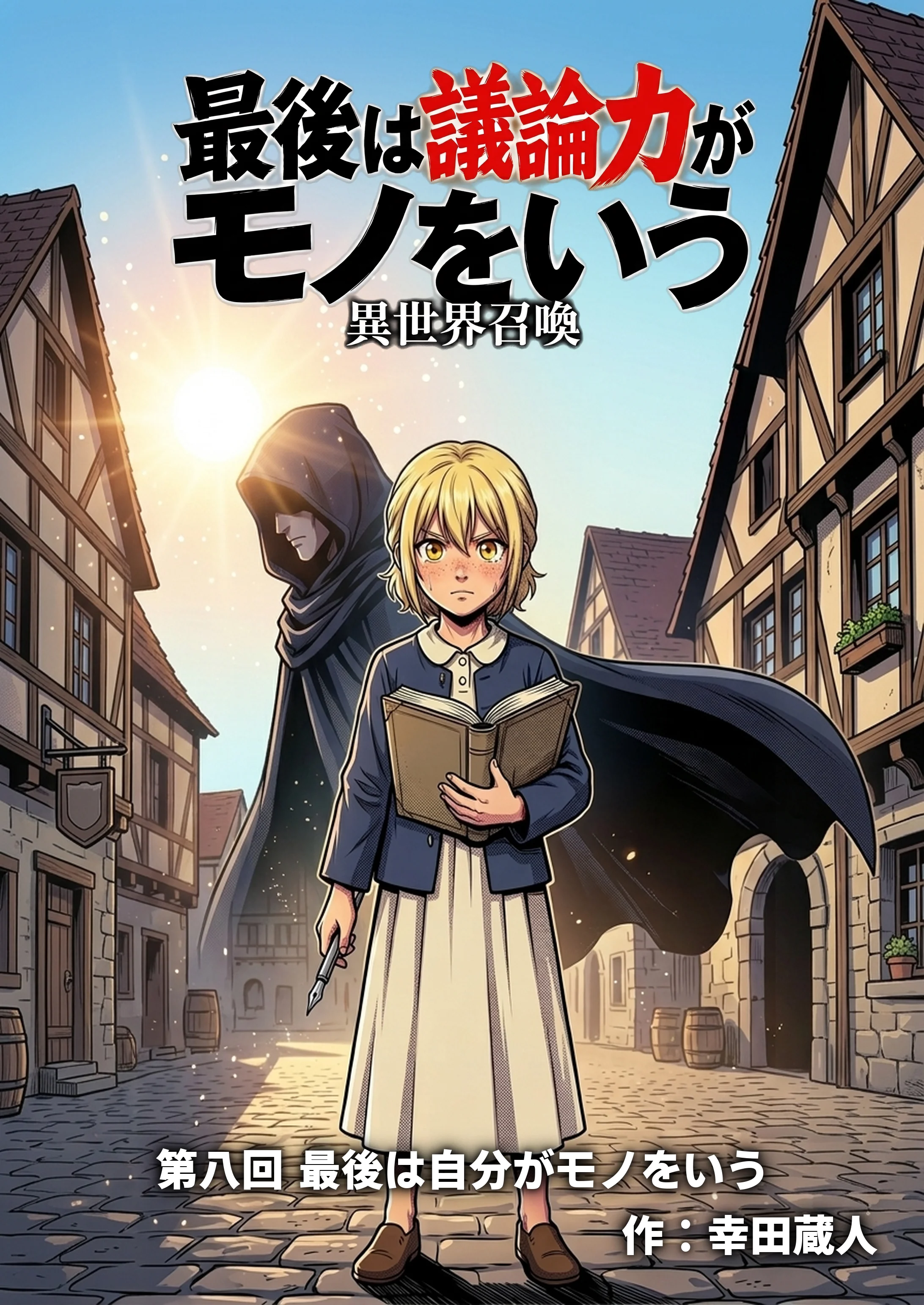 第八回「百四十七の声」表紙——朝の中央広場を舞台に、書記の少女リーフェが厚い革表紙の帳面を抱え、書記としての覚悟を宿した瞳で立つ
