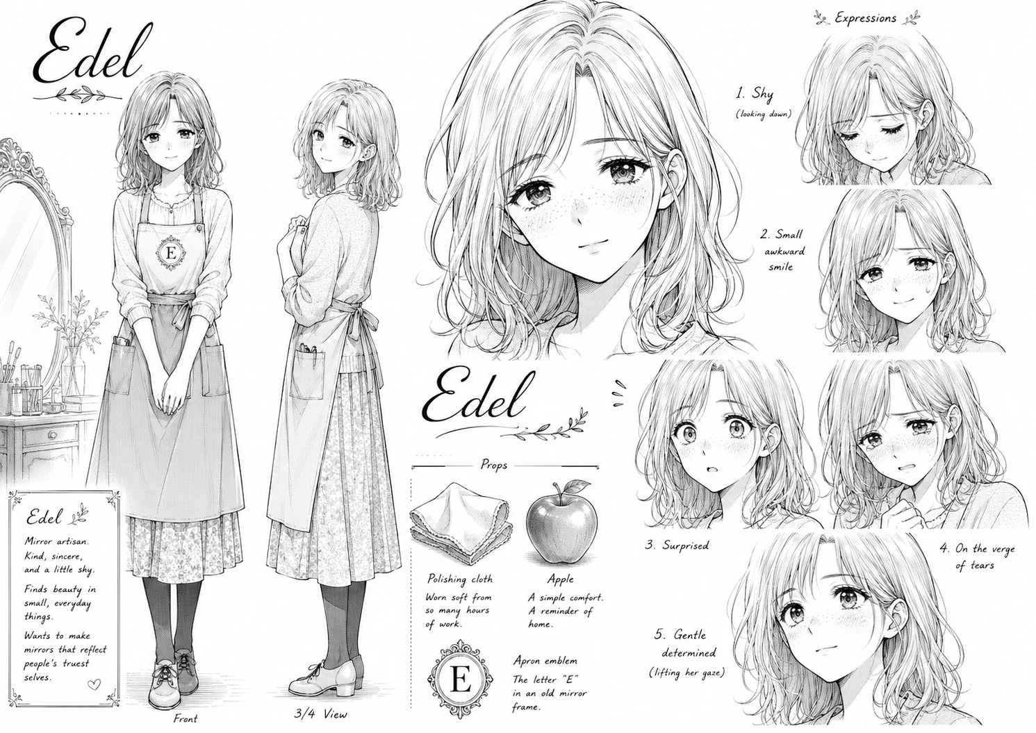 エーデルのキャラクターシート。優しく誠実で少し内気な鏡職人。表情集と、磨き布・りんご・エプロンの「E」エンブレム