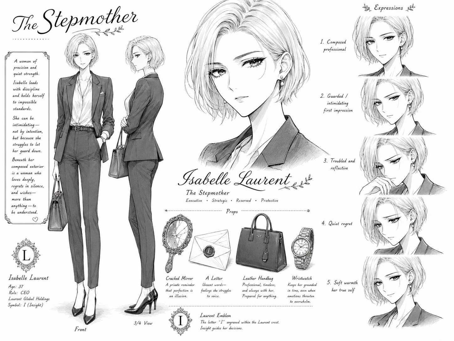 継母イザベルのキャラクターシート。冷静で隙のない経営者。ひびの入った手鏡・手紙・「I」エンブレム。表情集