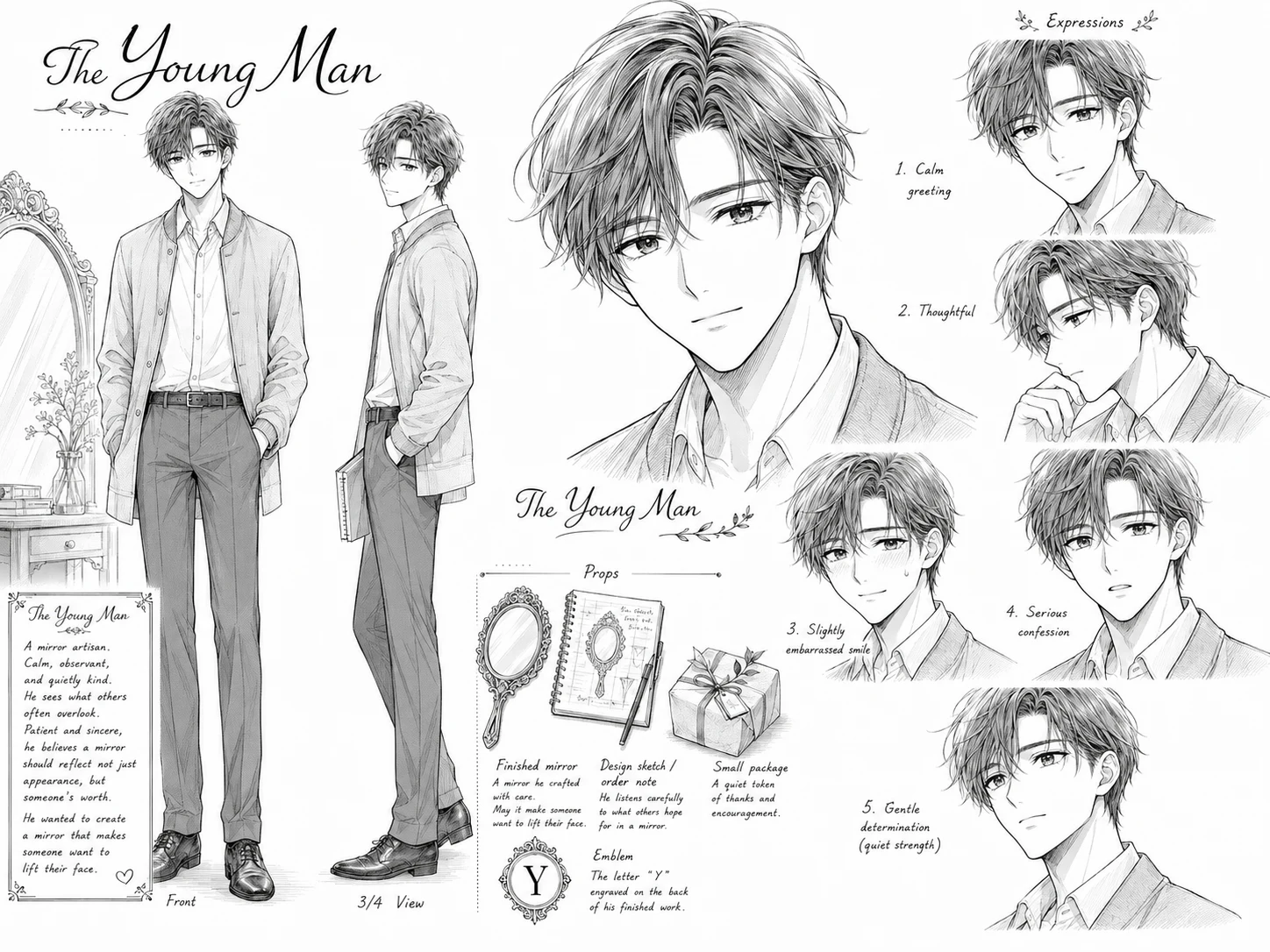 青年のキャラクターシート。工房に通う客。完成した手鏡と設計スケッチ、「Y」エンブレム。表情集