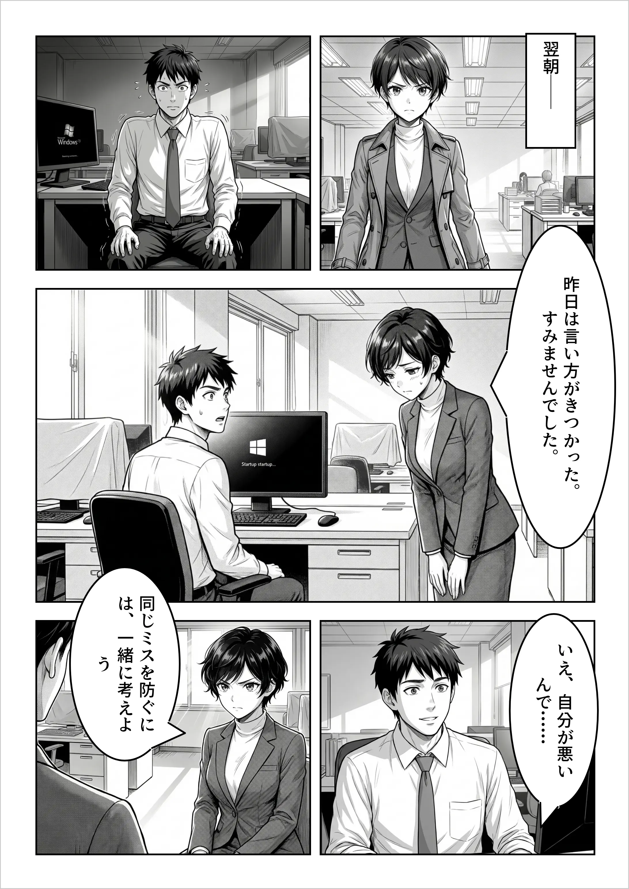 翌朝、部下のもとへ。昨日は言い方がきつかった、すみませんでした——同じミスを防ぐには一緒に考えよう